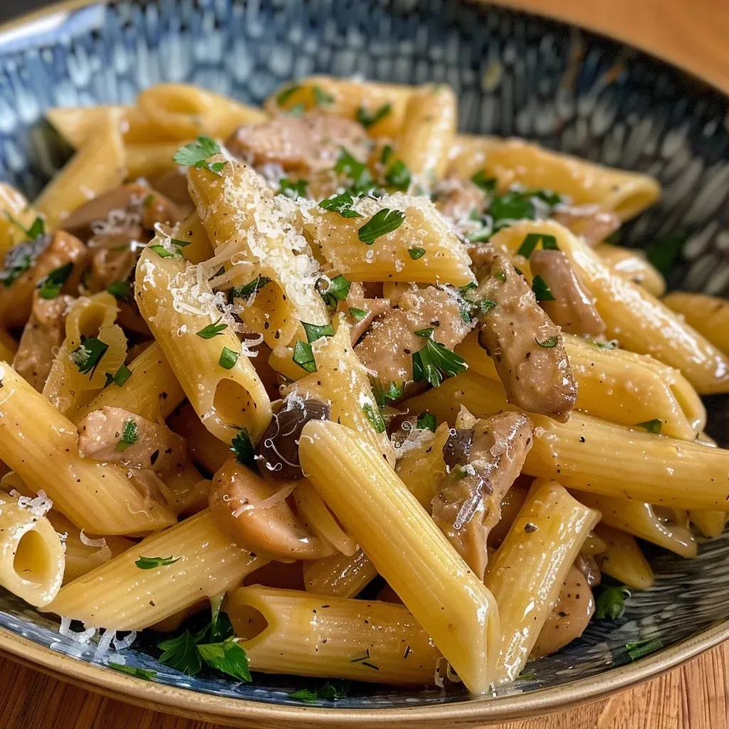 ['Close-up view of Honig-Pfeffer-Hühnchen-Pasta with chicken and penne.', 'Juicy pasta dish featuring chicken and honey pepper sauce.', 'Side view of a creamy Honig-Pfeffer-Hühnchen-Pasta bowl with garnishes.', 'Delicious plate of pasta topped with juicy chicken and parsley.']