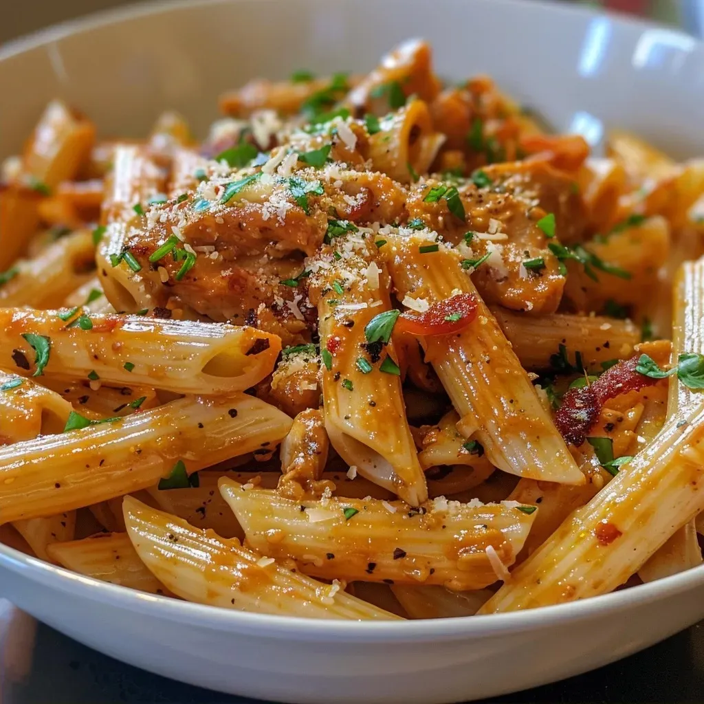 Close-up view of Honig-Pfeffer-Hühnchen-Pasta with chicken and penne.