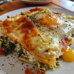 ['Close-up of Hüttenkäse Eierauflauf, showcasing a golden, cheesy top with colorful vegetable pieces.', 'Side view of a baked Hüttenkäse Eierauflauf, highlighting its fluffy texture and mix of bright vegetables.', 'Detailed shot of Hüttenkäse Eierauflauf, featuring melted cheese and vibrant veggie chunks on a white plate.', 'Close view of a slice of Hüttenkäse Eierauflauf, revealing layers of cheese, eggs, and mixed vegetables.']