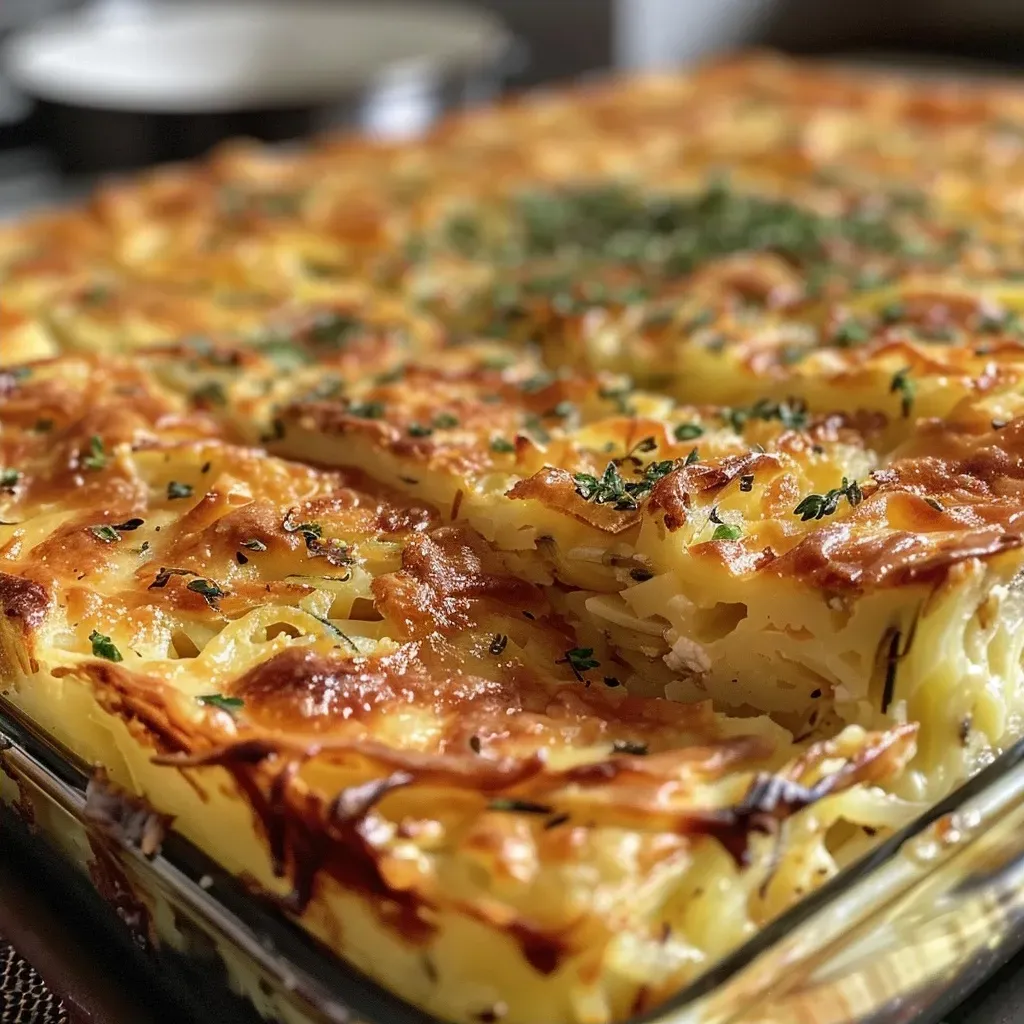 Close-up of Hüttenkäse Eierauflauf, showcasing a golden, cheesy top with colorful vegetable pieces.