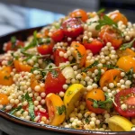 ['Close-up view of cooked Italian couscous with cherry tomatoes and herbs.', 'Side angle of pearl couscous mixed with vibrant heirloom tomatoes and garlic.', 'Detailed shot of Italian couscous garnished with fresh thyme and rosemary.', 'Close-up of juicy Italian couscous featuring colorful tomatoes and herbs.']