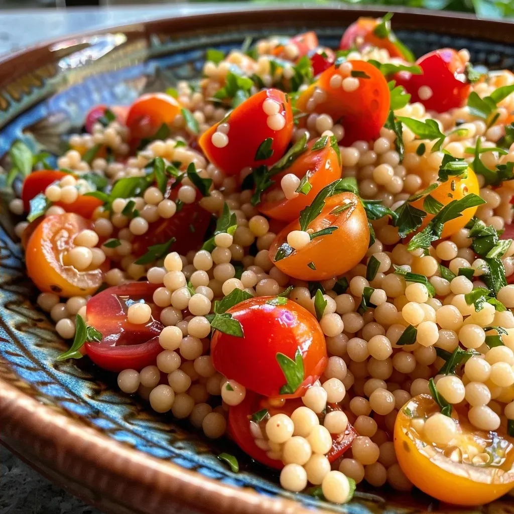 ['Close-up view of cooked Italian couscous with cherry tomatoes and herbs.', 'Side angle of pearl couscous mixed with vibrant heirloom tomatoes and garlic.', 'Detailed shot of Italian couscous garnished with fresh thyme and rosemary.', 'Close-up of juicy Italian couscous featuring colorful tomatoes and herbs.']