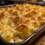 ['Close-up of a creamy, light potato gratin on a plate.', 'Side view of a baked potato gratin, showcasing its golden top.', 'Juicy, calorie-friendly potato gratin with a cheesy crust.', 'Portion of Kartoffelgratin with herbs, displaying layers of potatoes.']