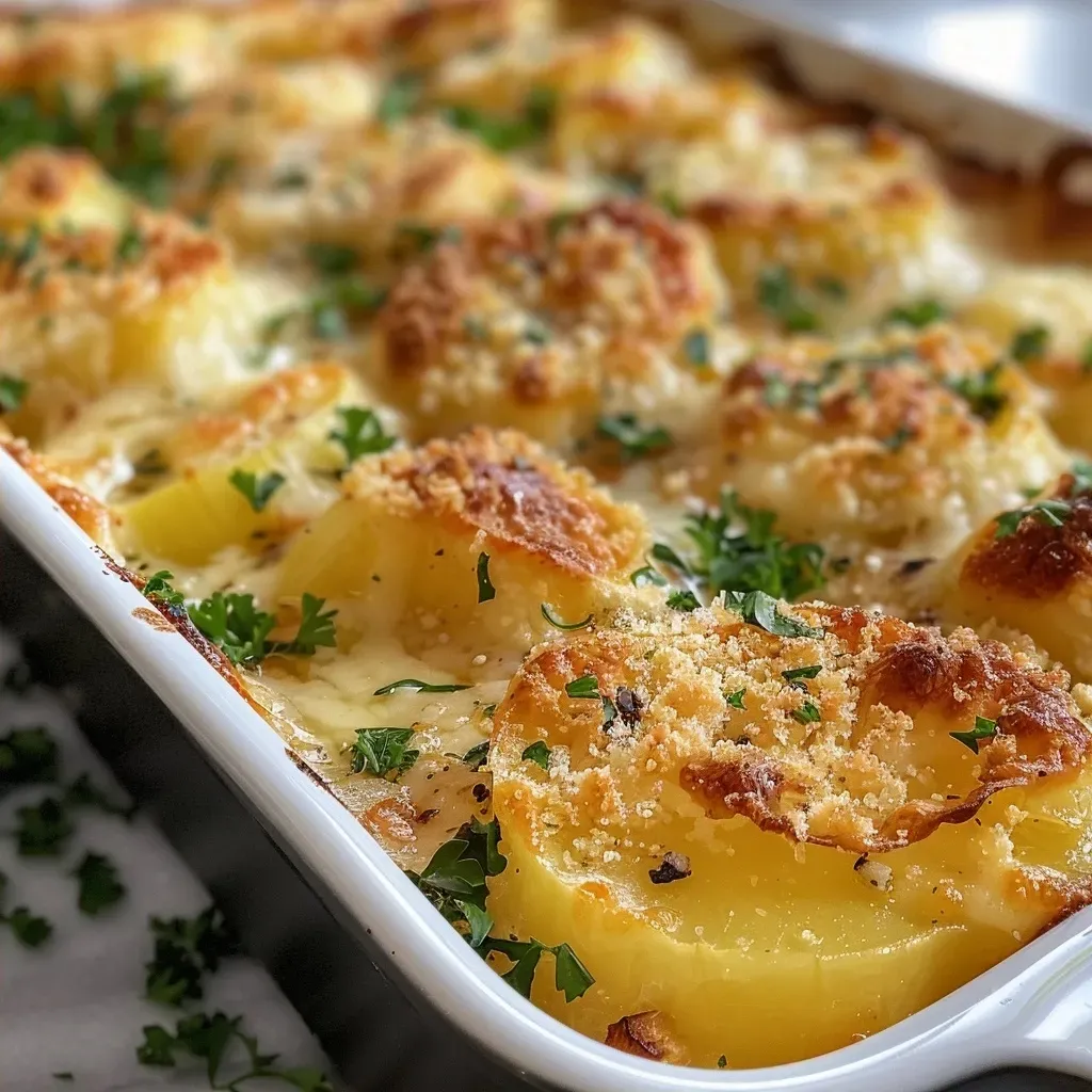 ['Close-up of a creamy, light potato gratin on a plate.', 'Side view of a baked potato gratin, showcasing its golden top.', 'Juicy, calorie-friendly potato gratin with a cheesy crust.', 'Portion of Kartoffelgratin with herbs, displaying layers of potatoes.']