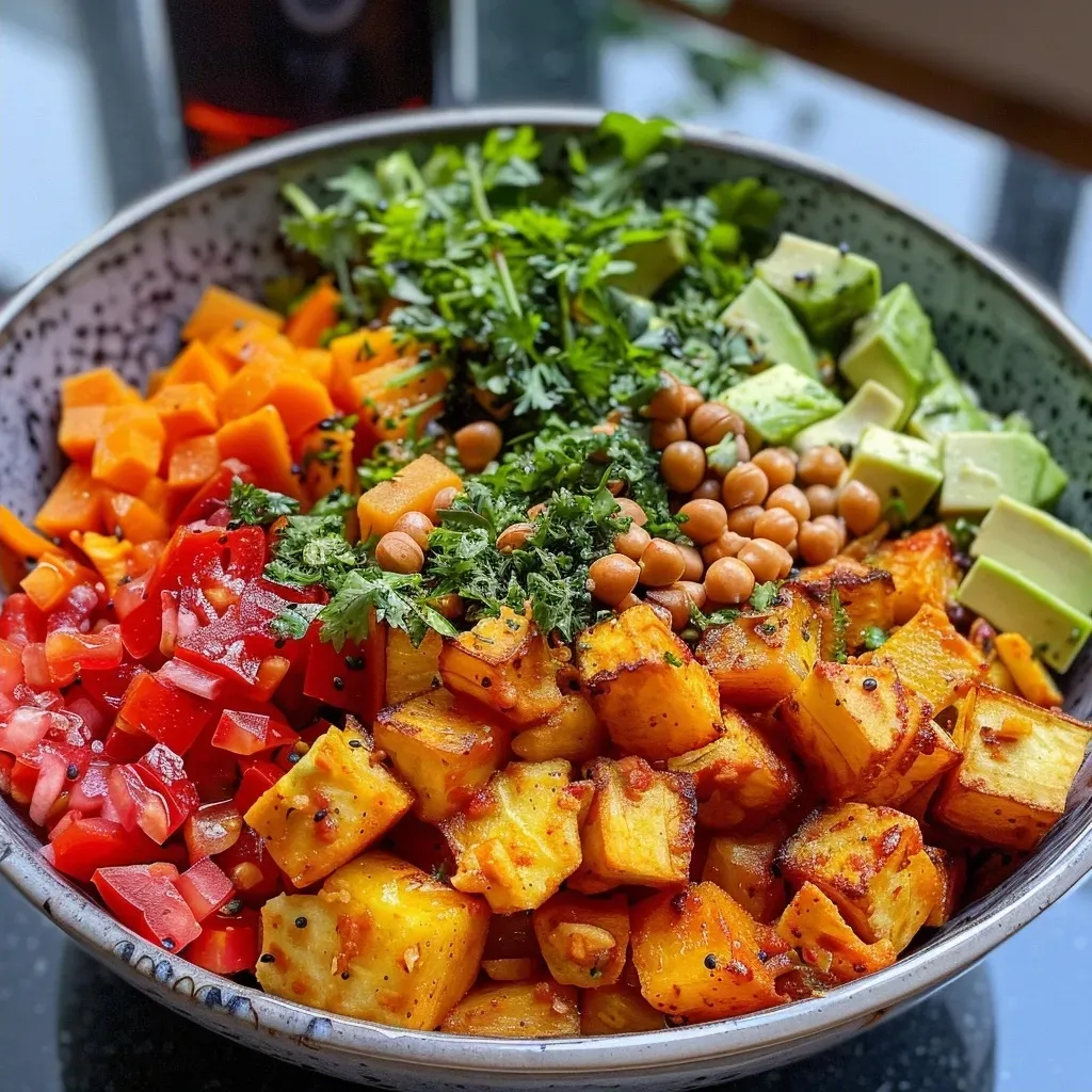 A close-up view of a vibrant Kartoffel-Kichererbsen-Bowl featuring diced potatoes, chickpeas, and colorful toppings.