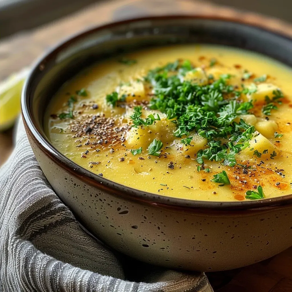 ['A close-up view of Kartoffel-Kokos-Suppe in a bowl, showcasing its creamy texture and garnishes.', 'Side angle of Kartoffel-Kokos-Suppe, highlighting the vibrant color and fresh ingredients on top.', 'Detailed shot of Kartoffel-Kokos-Suppe with visible chunks of potato and herbs, presented in a rustic bowl.', 'Close-up of a bowl filled with Kartoffel-Kokos-Suppe, decorated with sprouts and a slice of lime.']