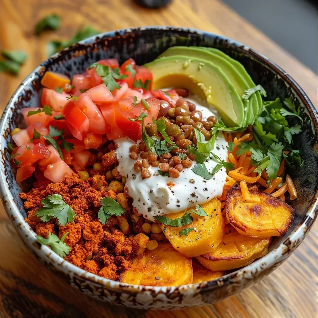 Close-up of a colorful Kartoffel Taco Bowl featuring potatoes, vegetables, and toppings.