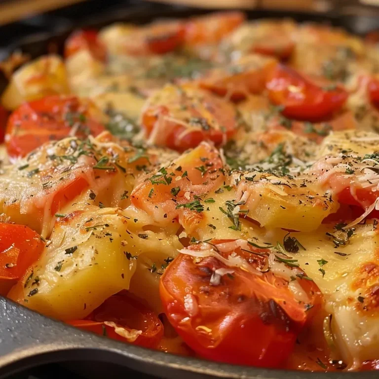 ['Close-up view of a layered Kartoffel-Tomaten-Auflauf with cheese and herbs.', 'Side photo of a baked Kartoffel-Tomaten casserole, showcasing potatoes and tomatoes.', 'Juicy Kartoffel-Tomaten-Auflauf served in a dish, vibrant with colorful ingredients.', 'Detailed image of a Kartoffel-Tomaten casserole with melted cheese and fresh herbs.']