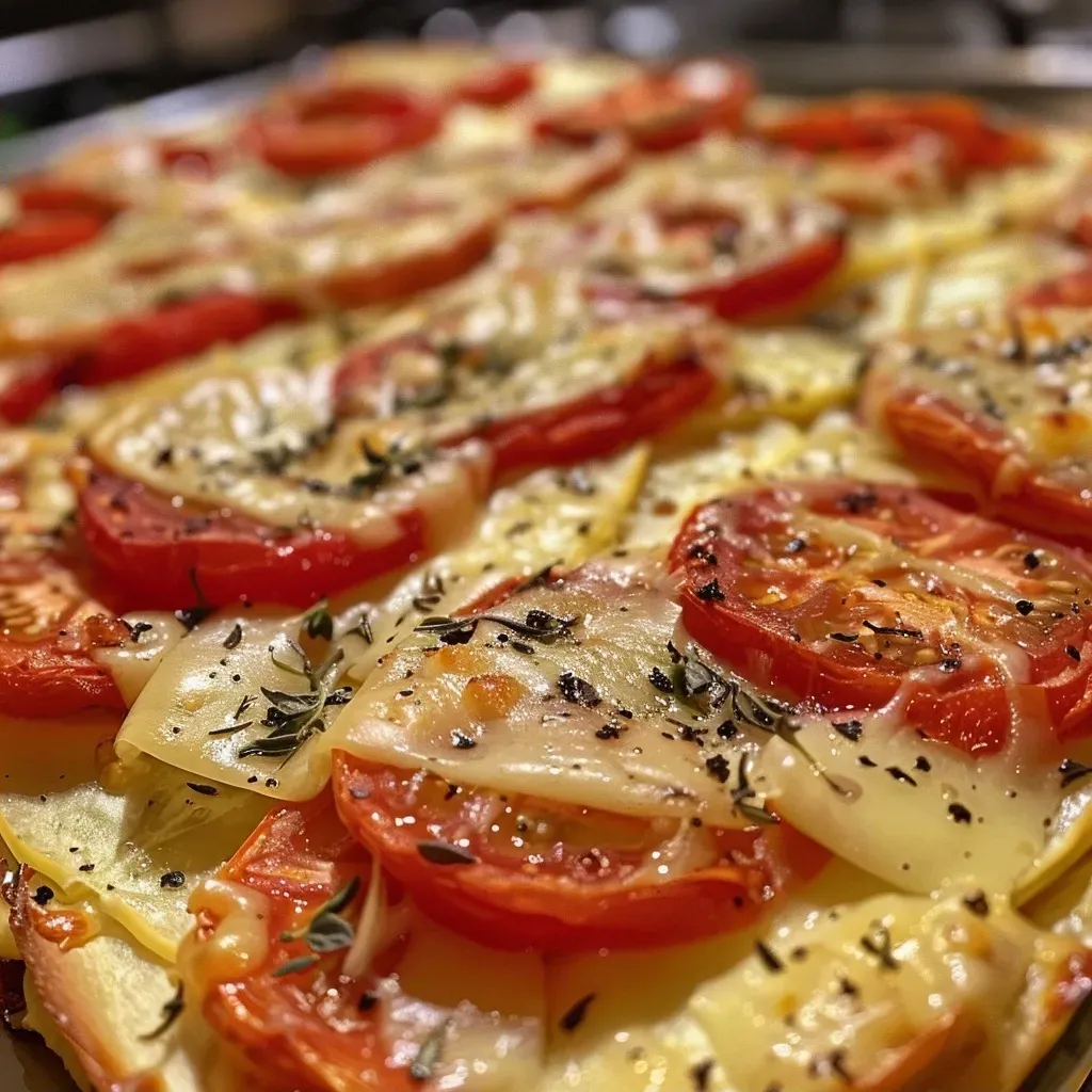 ['Close-up view of a layered Kartoffel-Tomaten-Auflauf with cheese and herbs.', 'Side photo of a baked Kartoffel-Tomaten casserole, showcasing potatoes and tomatoes.', 'Juicy Kartoffel-Tomaten-Auflauf served in a dish, vibrant with colorful ingredients.', 'Detailed image of a Kartoffel-Tomaten casserole with melted cheese and fresh herbs.']
