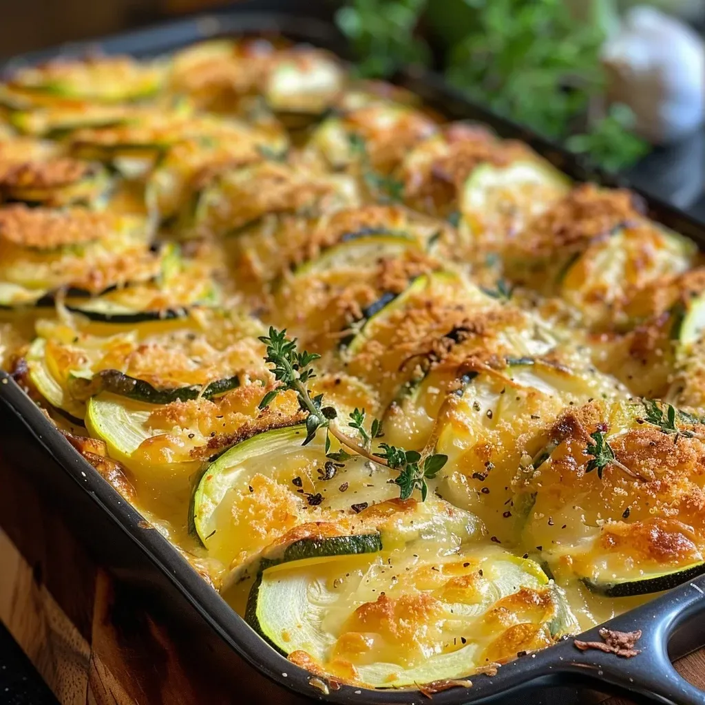 Side view of a golden-brown Kartoffel-Zucchini-Gratin, showcasing layers of potatoes and zucchini.