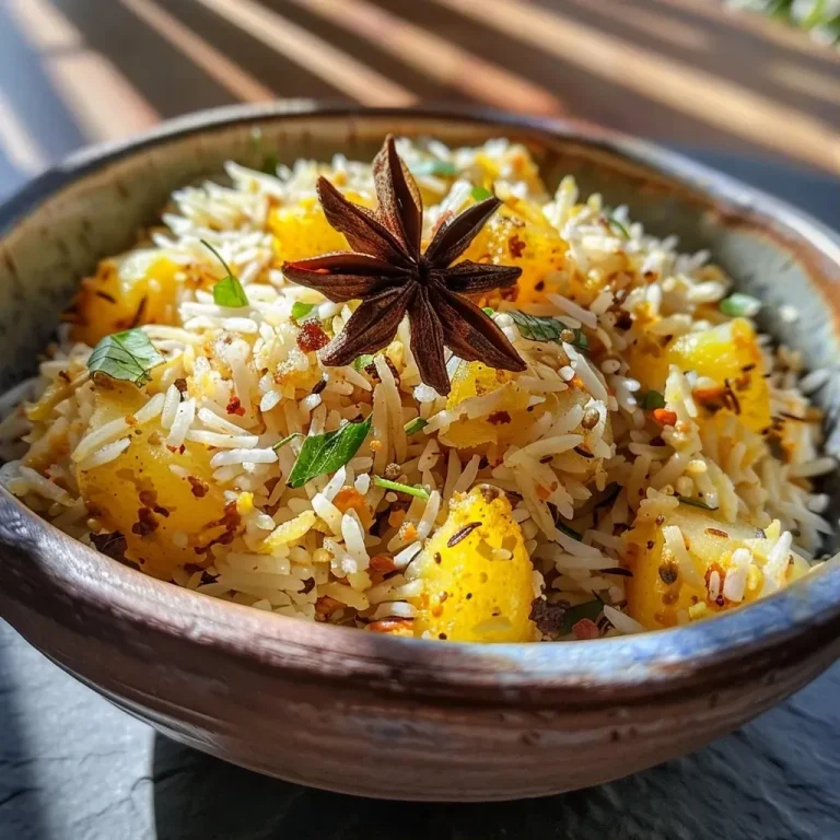 ['A close-up side view of a serving of Aloo Rice, garnished with coriander leaves.', 'A bowl of Potato Rice, showcasing fluffy basmati rice mixed with spices and potatoes.', 'A detailed look at Kartoffelreis, featuring the golden hues of turmeric and red chili powder.', 'A delicious serving of homemade Potato Rice, highlighting the juicy texture and vibrant colors.']