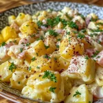 ['Close-up view of Kartoffelsalat garnished with crispy bacon.', 'Juicy Kartoffelsalat in broth with diced bacon and onions.', 'Side view of Kartoffelsalat featuring fresh herbs and broth.', 'Detailed shot of homemade Kartoffelsalat with bacon bits.']