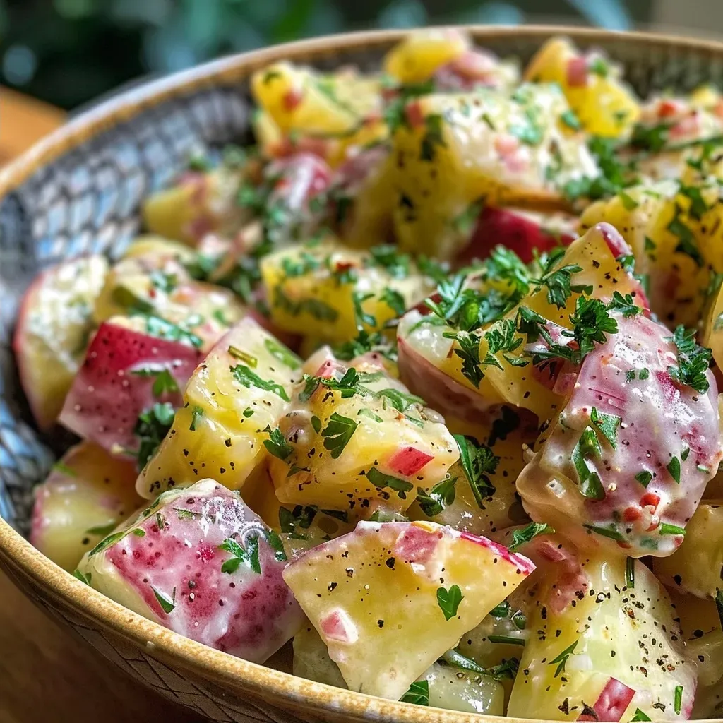 ['Close-up view of Kartoffelsalat garnished with crispy bacon.', 'Juicy Kartoffelsalat in broth with diced bacon and onions.', 'Side view of Kartoffelsalat featuring fresh herbs and broth.', 'Detailed shot of homemade Kartoffelsalat with bacon bits.']