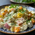 ['Close-up view of creamy Kartoffelsalat with yogurt, featuring diced vegetables and eggs.', 'Side shot of a fresh Kartoffelsalat with yogurt, showcasing colorful ingredients.', 'Detailed image of Kartoffelsalat made with yogurt, garnished with herbs and vegetables.', 'Juicy and creamy Kartoffelsalat with yogurt and chopped ingredients displayed in a bowl.']