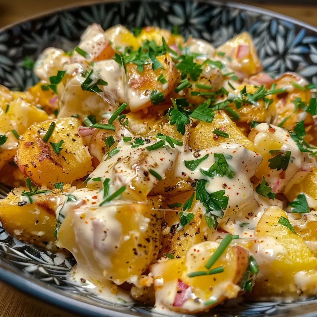 Close-up view of creamy Kartoffelsalat with yogurt, featuring diced vegetables and eggs.