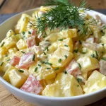 ['Close-up view of a creamy Kartoffelsalat, showcasing chopped vegetables and eggs.', 'Side angle of a delicious potato salad with fresh herbs and colorful ingredients.', 'Detailed shot of Kartoffelsalat, highlighting the vibrant textures and creamy dressing.', 'Picture of a traditional German potato salad, featuring diced cucumbers and eggs.']