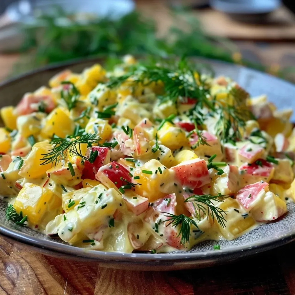 ['Close-up view of a creamy Kartoffelsalat, showcasing chopped vegetables and eggs.', 'Side angle of a delicious potato salad with fresh herbs and colorful ingredients.', 'Detailed shot of Kartoffelsalat, highlighting the vibrant textures and creamy dressing.', 'Picture of a traditional German potato salad, featuring diced cucumbers and eggs.']