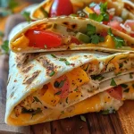 ['Close-up of a juicy Käse-Geschmack Hühnchen Wrap with visible cheese and chicken.', 'Side view of a delicious chicken wrap filled with melted cheese and herbs.', 'Tortilla wrap showcasing grilled chicken, cheese, and fresh parsley garnish.', 'Appetizing close-up of Käse-Geschmack Hühnchen Wrap highlighting its creamy texture.']