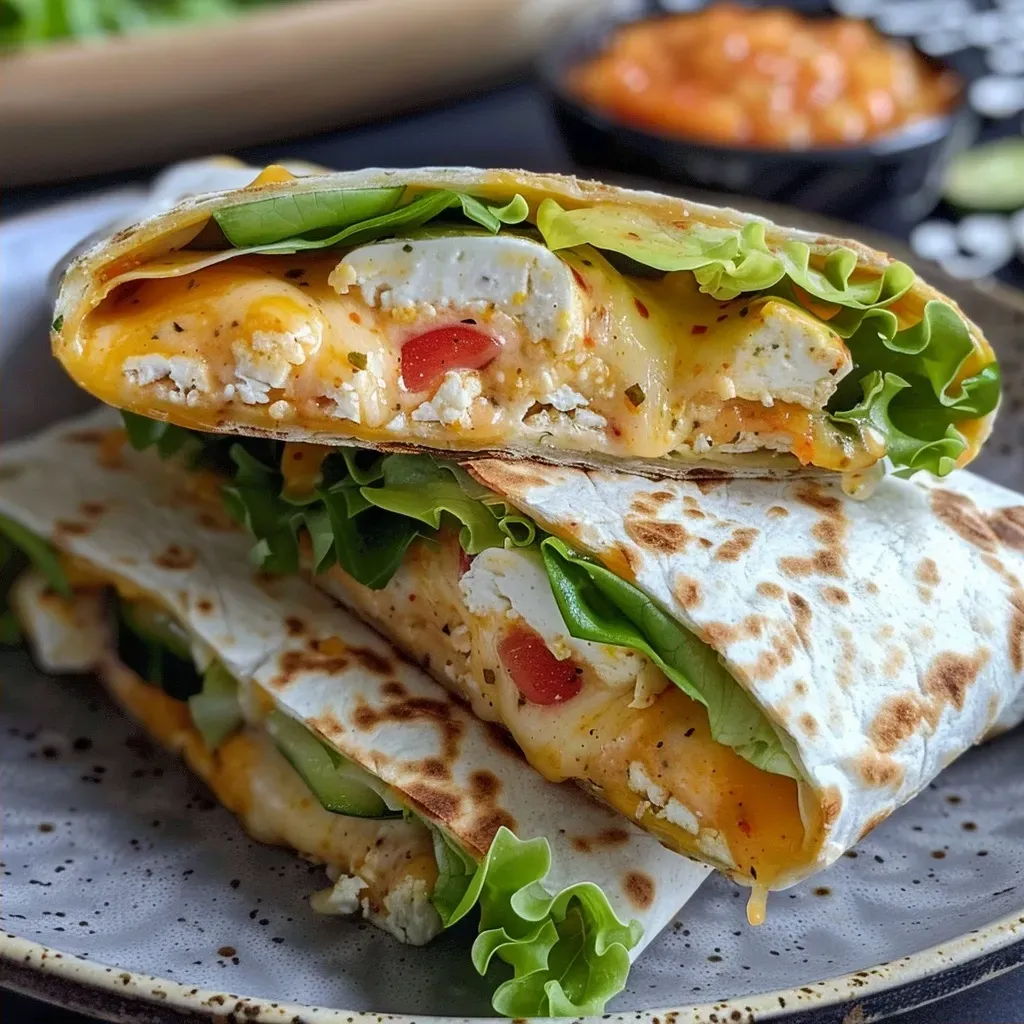 ['Close-up of a juicy Käse-Geschmack Hühnchen Wrap with visible cheese and chicken.', 'Side view of a delicious chicken wrap filled with melted cheese and herbs.', 'Tortilla wrap showcasing grilled chicken, cheese, and fresh parsley garnish.', 'Appetizing close-up of Käse-Geschmack Hühnchen Wrap highlighting its creamy texture.']