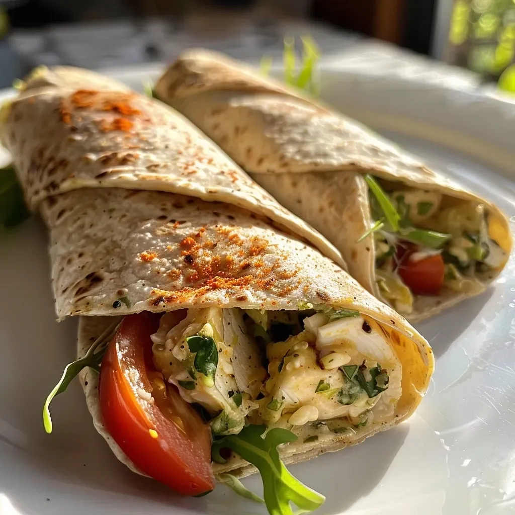 ['Close-up side view of Käse Knoblauch Hähnchen Wraps, showcasing juicy chicken and melted cheese.', 'Tasty Käse Knoblauch Hähnchen Wraps arranged neatly, highlighting garlic and cheese filling.', 'Side view of a tortilla wrap filled with seasoned chicken, cheese, and garlic, ready to be enjoyed.', 'Delicious presentation of Käse Knoblauch Hähnchen Wraps with vibrant ingredients visible.']