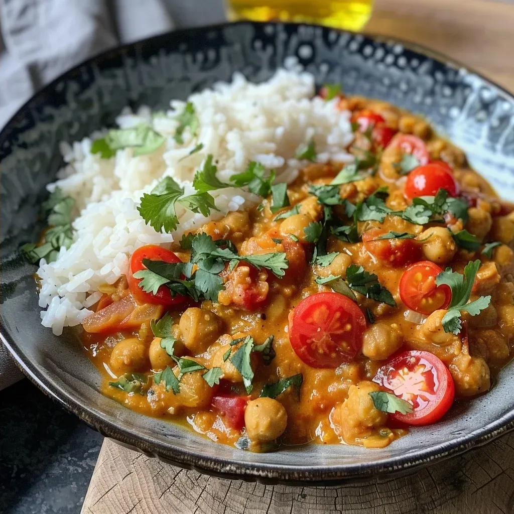 Close-up view of Kichererbsen Curry with coconut milk in a bowl, garnished with fresh coriander.