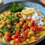 ['Close-up view of a vibrant chickpea curry with coconut milk in a bowl.', 'Side angle of a delicious coconut chickpea curry served with fresh herbs.', 'Juicy Kichererbsen curry with a creamy texture and topped with coriander.', 'Appetizing chickpea curry made with coconut milk, garnished with chili flakes.']