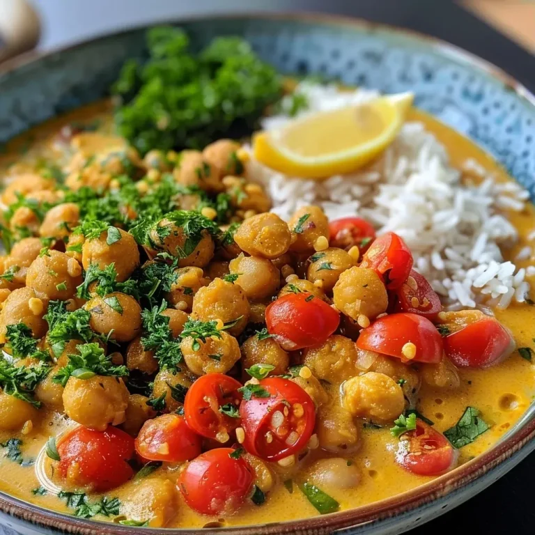 ['Close-up view of a vibrant chickpea curry with coconut milk in a bowl.', 'Side angle of a delicious coconut chickpea curry served with fresh herbs.', 'Juicy Kichererbsen curry with a creamy texture and topped with coriander.', 'Appetizing chickpea curry made with coconut milk, garnished with chili flakes.']