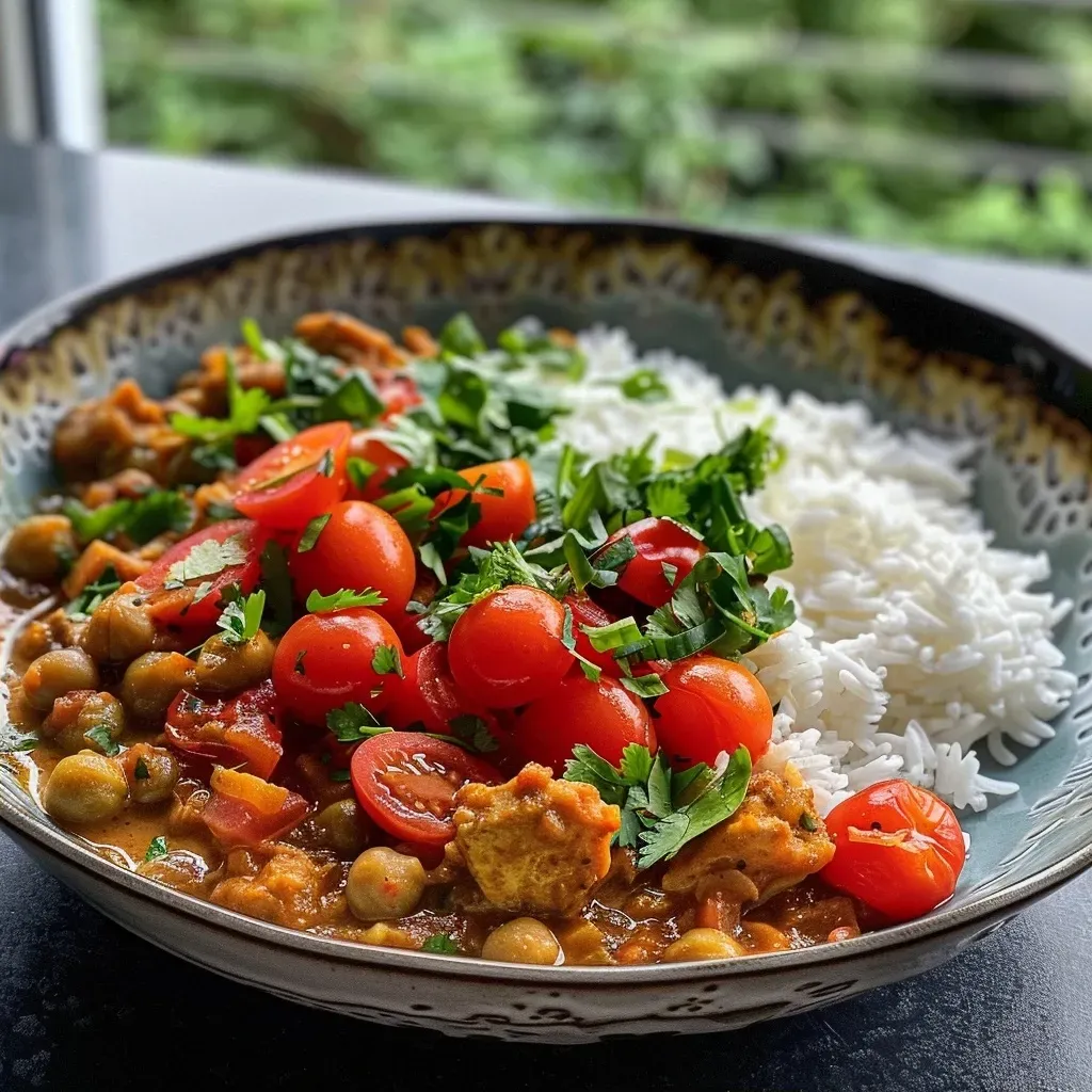 Close-up view of a vibrant chickpea curry with coconut milk in a bowl.