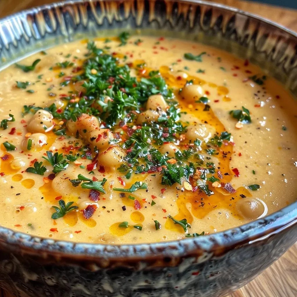 ['A vibrant bowl of Kichererbsen-Möhren-Suppe with visible carrots and chickpeas.', 'Close-up of a creamy carrot and chickpea soup topped with parsley and lemon slices.', 'A side view of steaming Kichererbsen-Möhren-Suppe garnished with herbs.', 'A delicious chickpea and carrot soup presented in a rustic bowl, showcasing its texture.']