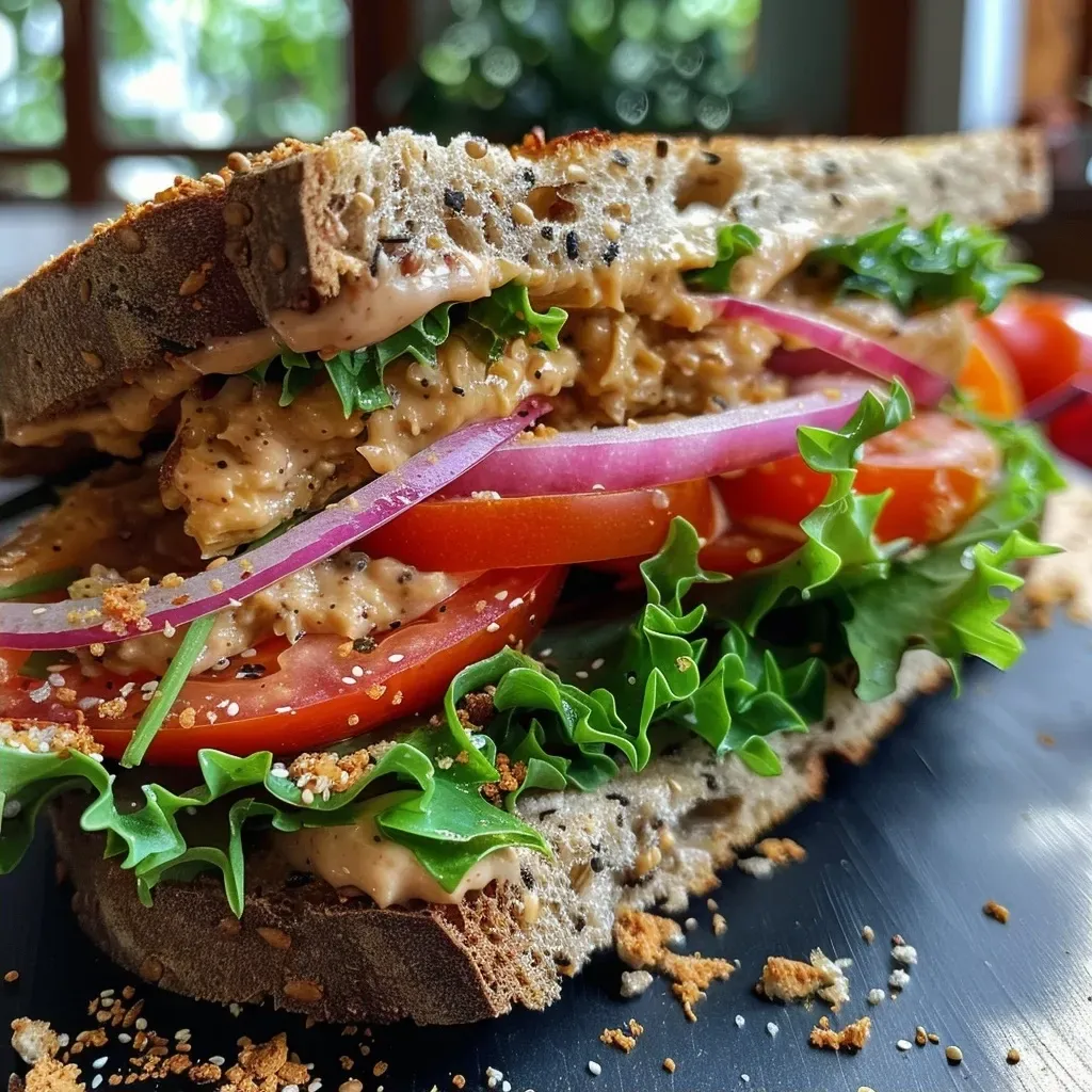 Close-up view of a Kichererbsen sandwich showcasing chickpeas and fresh toppings.