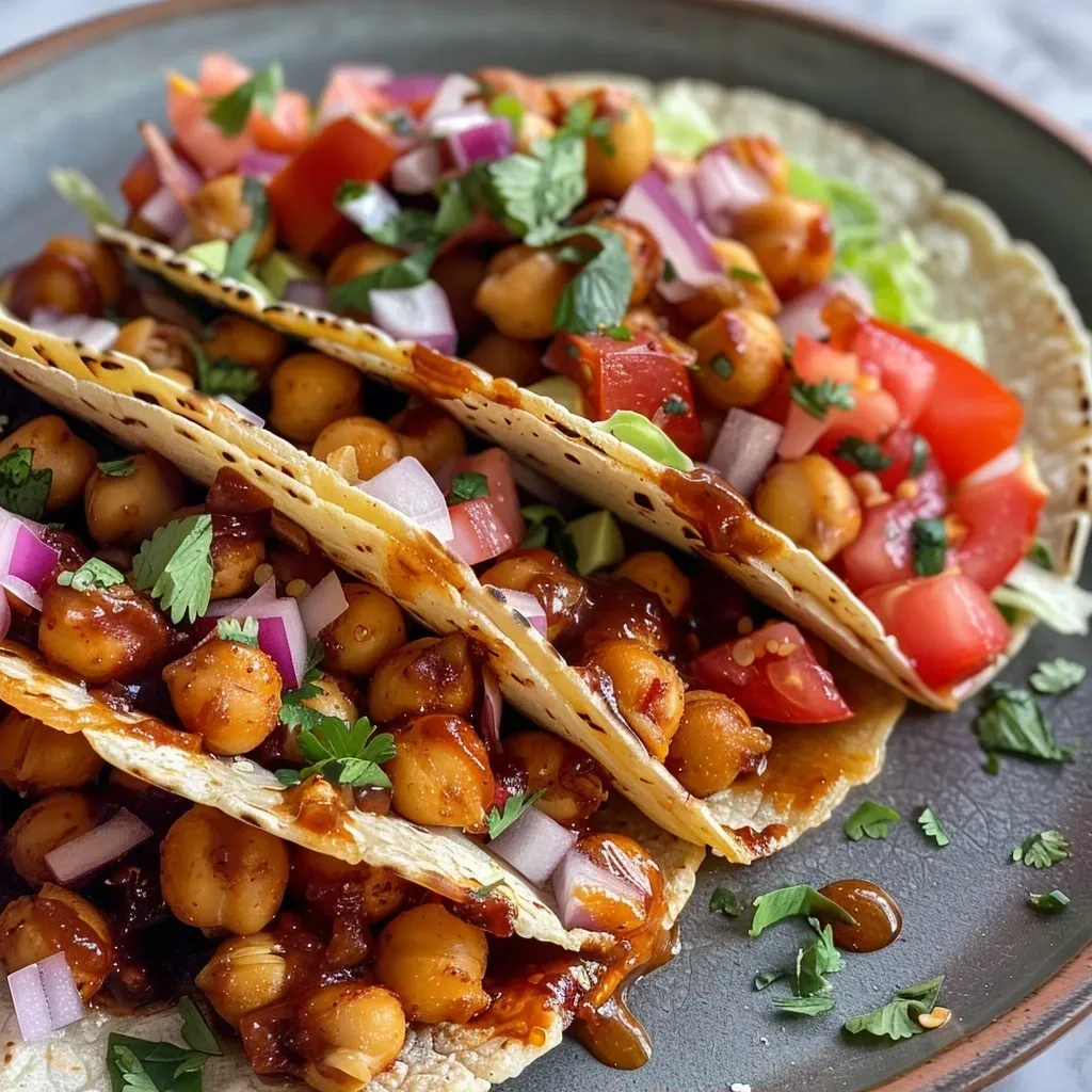 Close-up view of colorful Kichererbsen Tacos filled with fresh ingredients.