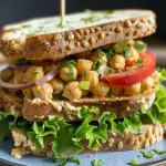 ['Close-up view of a chickpea salad sandwich with vibrant ingredients.', 'A delicious chickpea salad sandwich shown from the side, highlighting fresh vegetables.', 'Juicy chickpea salad sandwich filled with colorful ingredients, captured in detail.', 'Side view of a wholesome chickpea salad sandwich with lettuce and tomato.']