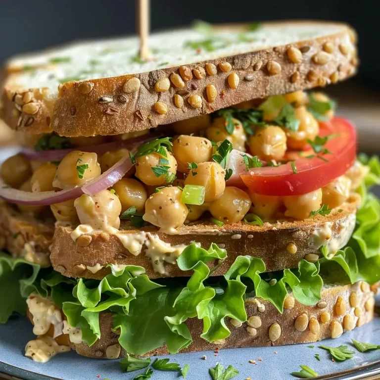 ['Close-up view of a chickpea salad sandwich with vibrant ingredients.', 'A delicious chickpea salad sandwich shown from the side, highlighting fresh vegetables.', 'Juicy chickpea salad sandwich filled with colorful ingredients, captured in detail.', 'Side view of a wholesome chickpea salad sandwich with lettuce and tomato.']