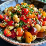 ['Close-up view of a vibrant Mediterranean chickpea salad with fresh vegetables.', 'Side view of a colorful bowl filled with chickpea salad, showcasing tomatoes and cucumbers.', 'Detailed shot of a chickpea salad with olives, feta, and parsley, garnished with olive oil.', 'Freshly prepared Mediterranean salad featuring chickpeas and assorted vegetables in a bowl.']
