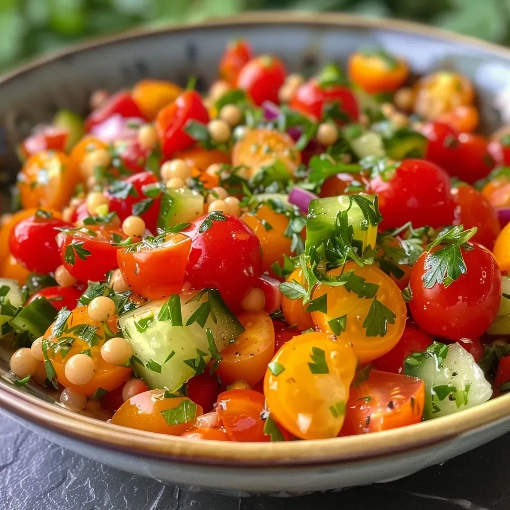 ['Close-up of a colorful Kichererbsensalat with chickpeas, cucumbers, and cherry tomatoes.', 'A vibrant bowl of Kichererbsensalat featuring diced vegetables and chickpeas, shot from the side.', 'Side view of a fresh and juicy Kichererbsensalat with a mix of greens and chickpeas.', 'Detailed shot of Kichererbsensalat showcasing its ingredients, including bell peppers and onions.']