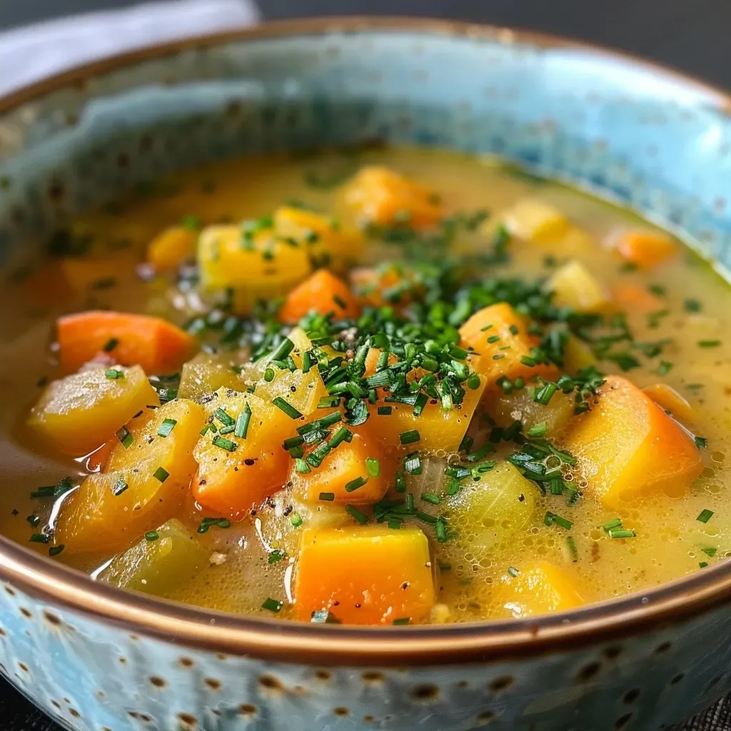 Close-up view of thick, creamy Kichererbsensuppe garnished with herbs.