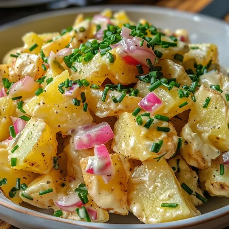 ['Close-up view of a classic German potato salad on a plate.', 'Side view of a creamy German potato salad with green chives and pickles.', 'Vibrant presentation of German potato salad featuring waxy potatoes and vegetables.', 'Detail of a delicious German potato salad garnished with scallions and paprika.']