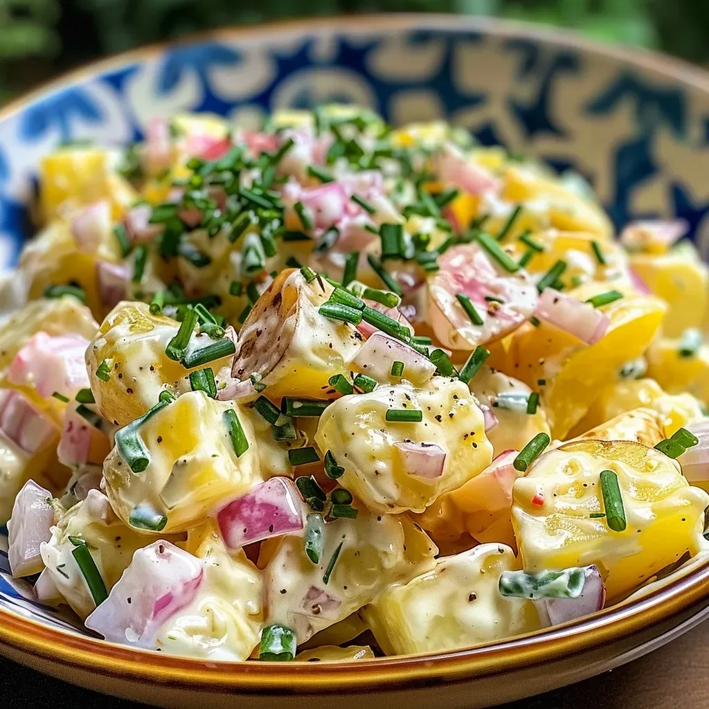 Close-up view of a classic German potato salad on a plate.