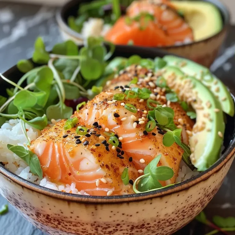 ['Close-up of crispy salmon bowls featuring fresh ingredients like avocado and spinach.', 'Side view of a plated crispy salmon bowl with vibrant colors and textures.', 'Detailed shot of a delicious salmon bowl topped with sesame seeds and herbs.', 'Juicy salmon bowl showcasing panko-crusted fish and fresh vegetables in a bowl.']