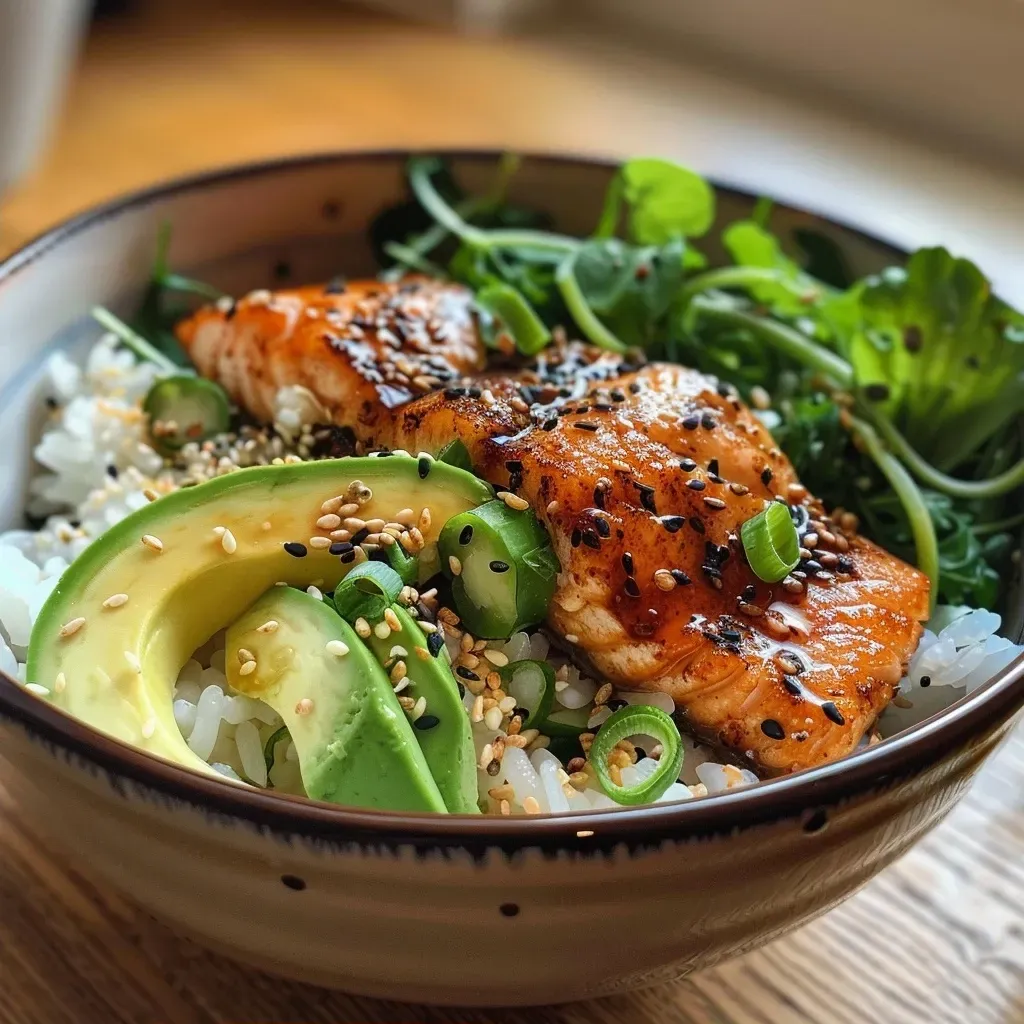 Close-up of crispy salmon bowls featuring fresh ingredients like avocado and spinach.