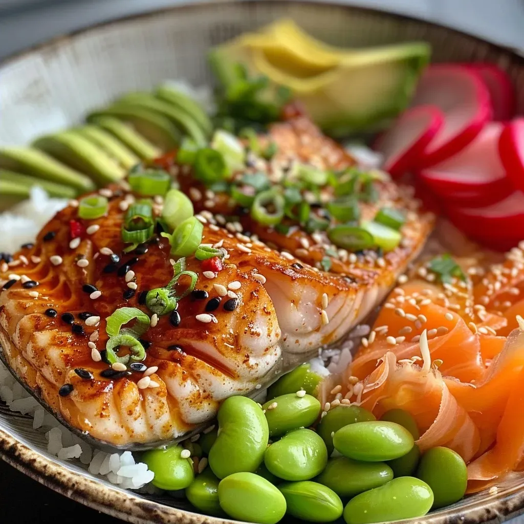 Close-up view of a vibrant Lachs Reis Bowl with salmon, avocado, and fresh vegetables.
