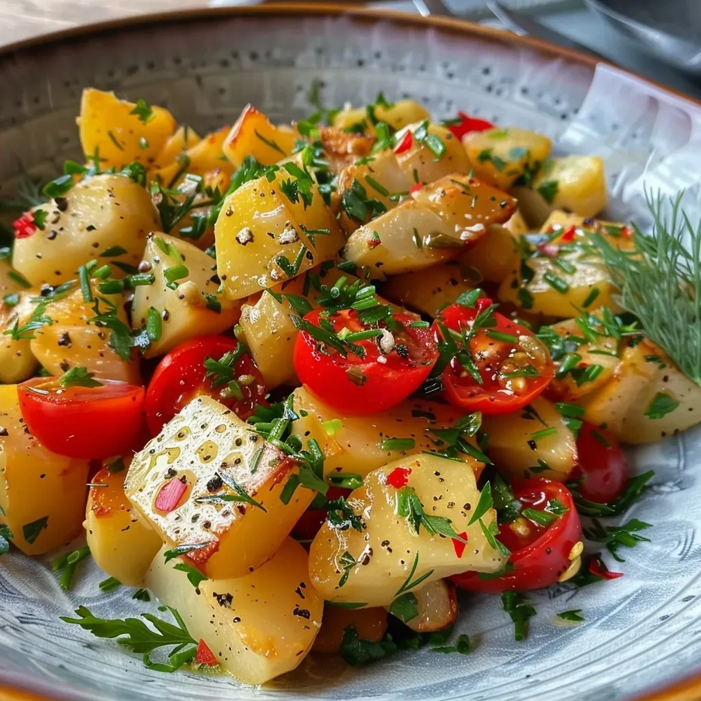 ['Close-up of a vibrant potato salad with fresh herbs and colorful vegetables.', 'Side view of a creamy potato salad garnished with diced onions and herbs.', 'Juicy potato salad featuring yellow and green vegetables on a white plate.', 'Detailed shot of Knuspriger Kartoffelsalat showcasing its creamy texture and ingredients.']