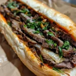 ['Close-up view of a juicy Korean steak sandwich with jalapeños.', 'Side view of a Korean steak sandwich, showcasing its layers and toppings.', 'Delicious Korean steak sandwich featuring spicy jalapeños and a toasted bun.', 'Juicy Korean steak sandwich displayed with vibrant jalapeños on the side.']