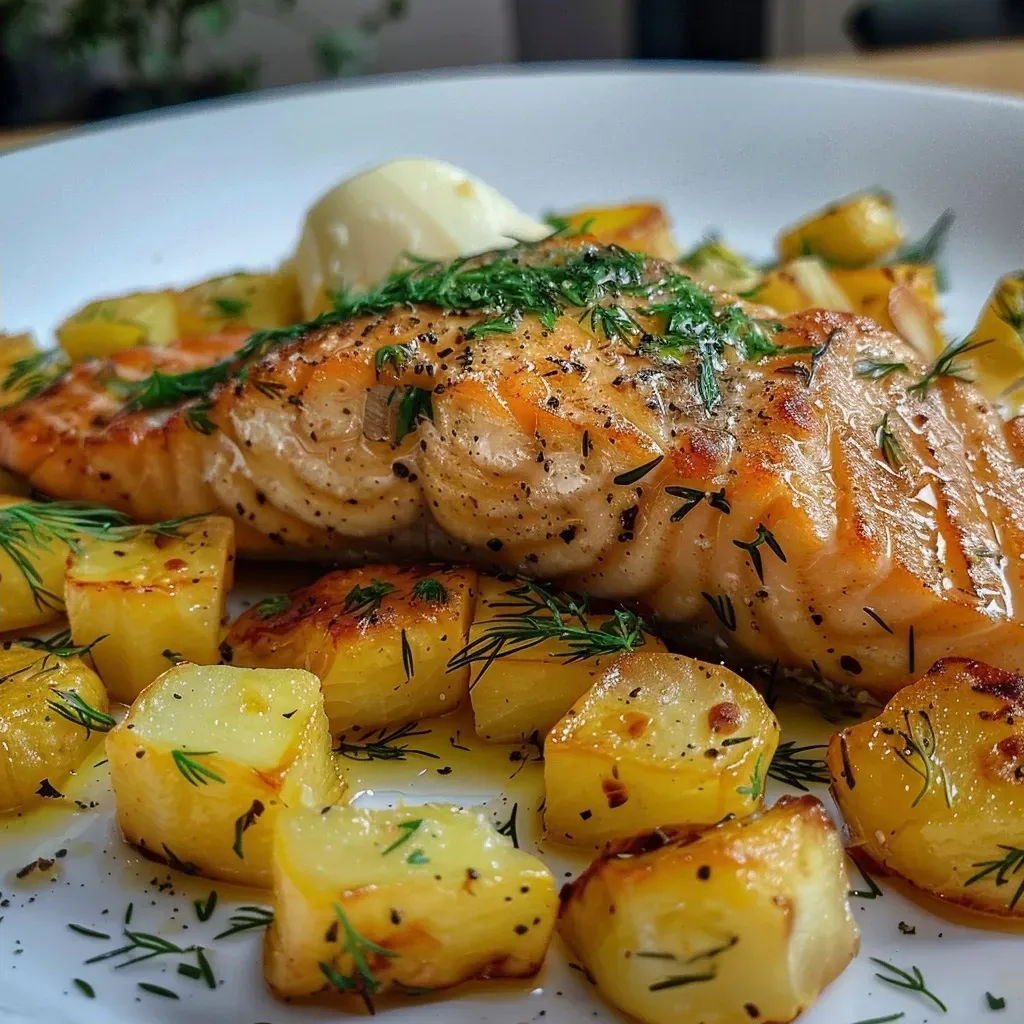 Close-up side view of a creamy salmon casserole with potatoes, garnished with fresh dill.