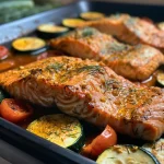 ['Close-up view of oven-baked salmon with colorful vegetables.', 'Side angle image of a plated salmon dish featuring zucchini and bell peppers.', 'Juicy salmon fillet surrounded by roasted cherry tomatoes and onions.', 'Freshly cooked salmon with a garnish of dill and lemon slices.']