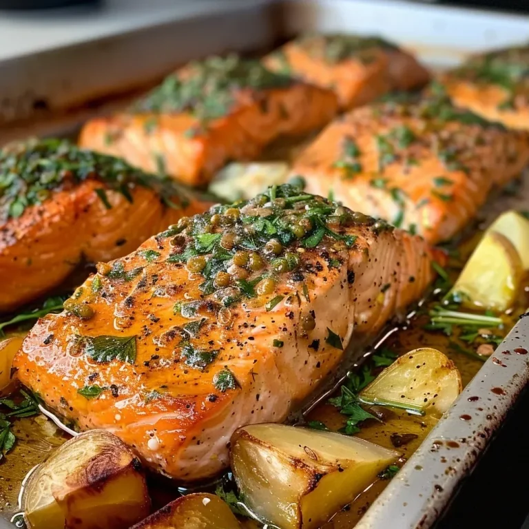 ['Close-up of baked salmon with herb butter, garnished with fresh herbs.', 'Juicy oven-baked salmon fillet with a rich spice butter layer, next to baby potatoes.', 'Side view of succulent salmon topped with seasoning butter, served with cucumbers.', 'Detailed shot of flavorful baked salmon drizzled with buttery herbs, surrounded by veggies.']