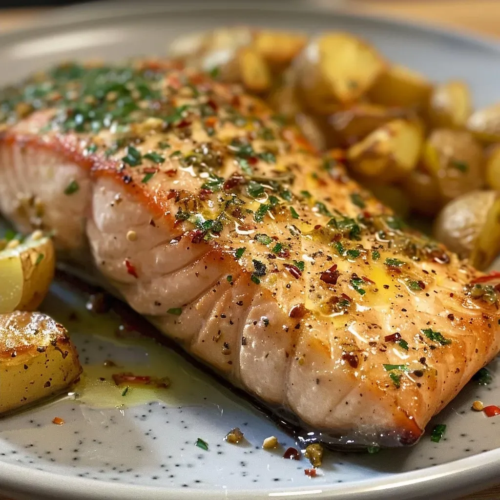 ['Close-up of baked salmon with herb butter, garnished with fresh herbs.', 'Juicy oven-baked salmon fillet with a rich spice butter layer, next to baby potatoes.', 'Side view of succulent salmon topped with seasoning butter, served with cucumbers.', 'Detailed shot of flavorful baked salmon drizzled with buttery herbs, surrounded by veggies.']