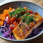 ['Close-up side view of a colorful Lachs Bowl, featuring salmon and various vegetables.', 'A detailed view of a Lachs Bowl with salmon, rice, and vibrant vegetables arranged aesthetically.', 'Side perspective of a Lachs Bowl filled with salmon, red cabbage, and peppers on a stylish plate.', 'Close-up image showcasing a Lachs Bowl, highlighting the fresh ingredients and textures.']