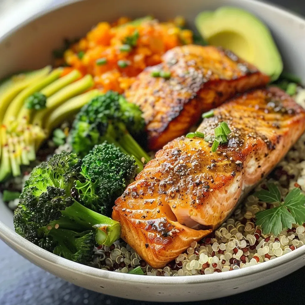 ['Close-up view of a vibrant Lachs-Brokkoli-Bowl featuring salmon, broccoli, quinoa, and avocado.', 'A side view of a delicious Lachs-Brokkoli-Bowl, showcasing fresh ingredients like salmon and broccoli.', 'A detailed shot of a Lachs-Brokkoli-Bowl with colorful layers of salmon, broccoli, and garnishes.', 'Close-up image capturing a nutritious bowl with salmon, quinoa, and fresh herbs.']