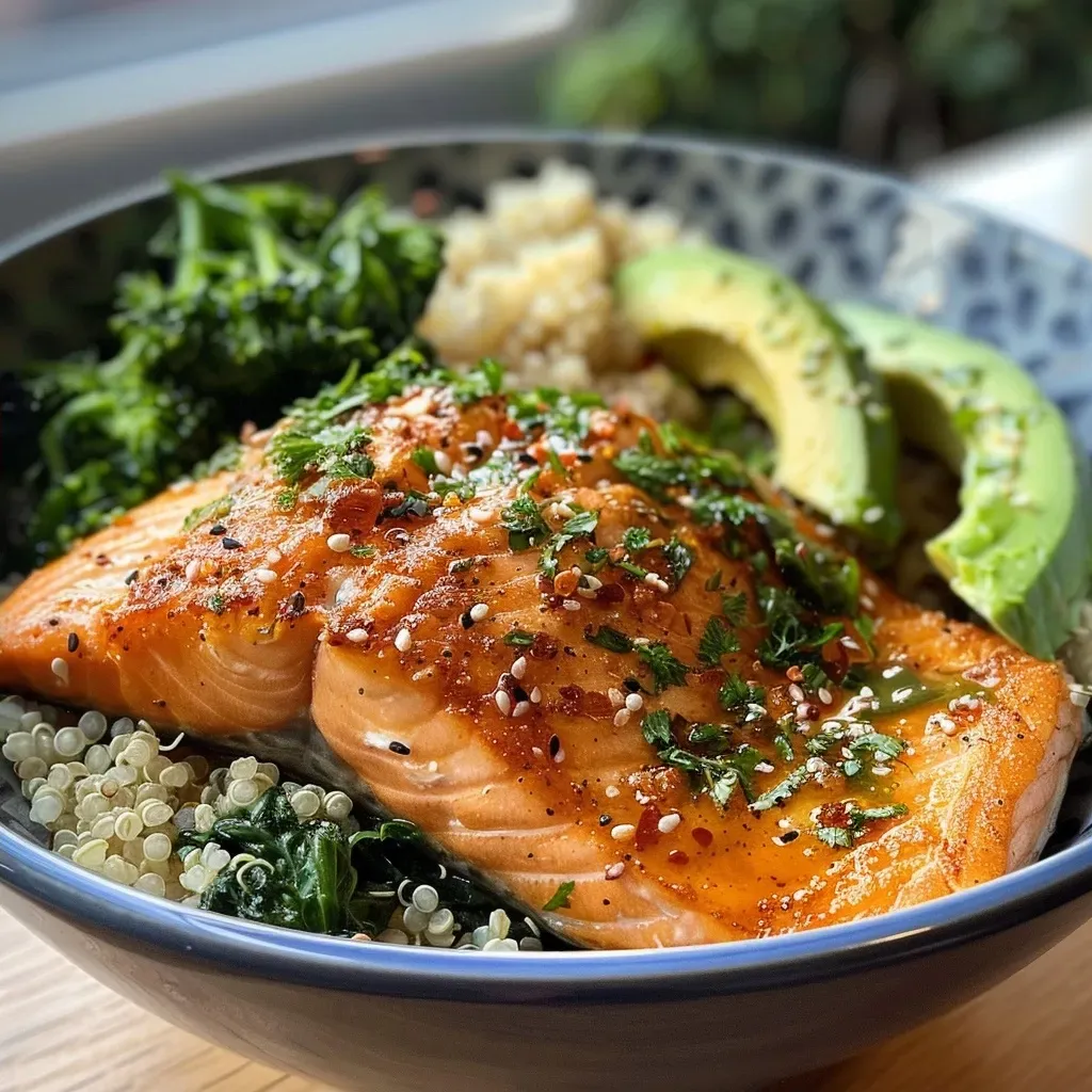 Close-up view of a vibrant Lachs-Brokkoli-Bowl featuring salmon, broccoli, quinoa, and avocado.